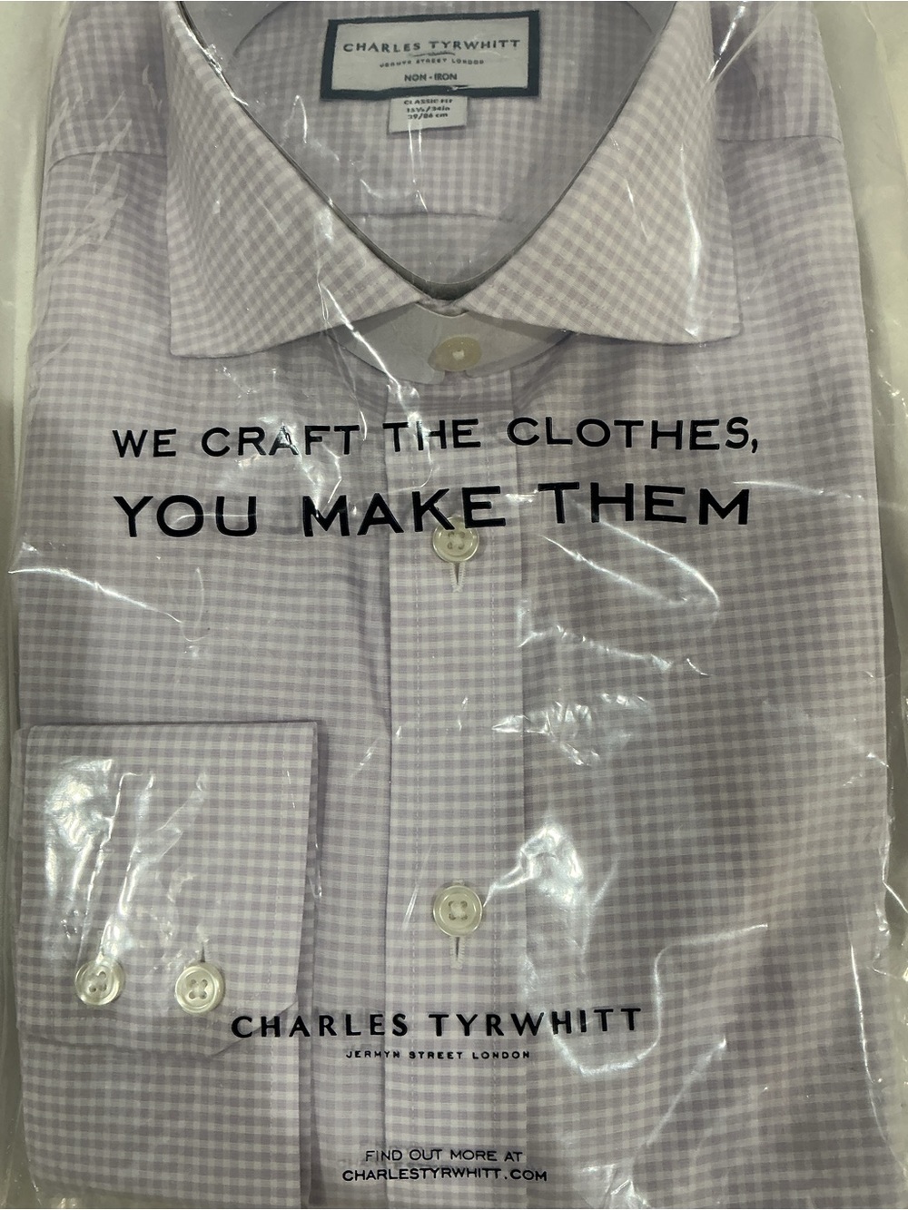 Charles Tyrwhitt Lilac Check Gingham Dress Shirt 15.5/34 Classic Fit NWT